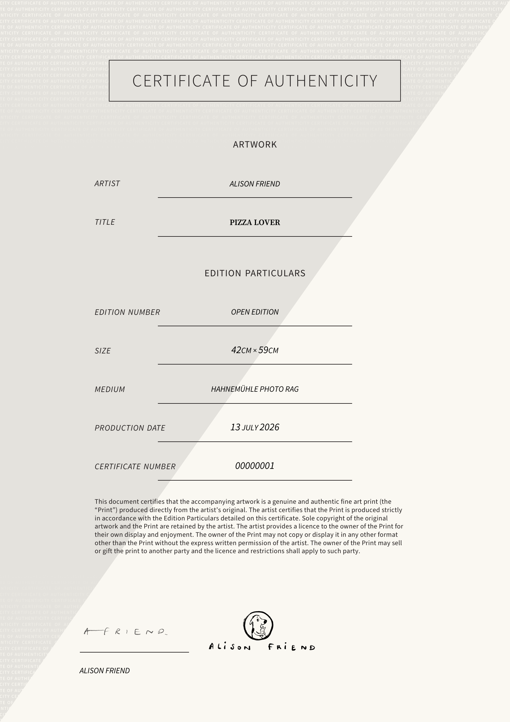 Pizza Lover — Certificate of Authenticity